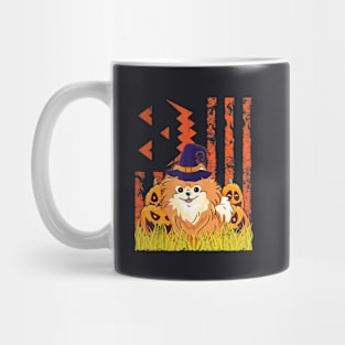 Pomeranian Dog Witch Dancing Pumpkins Halloween US Flag Mug